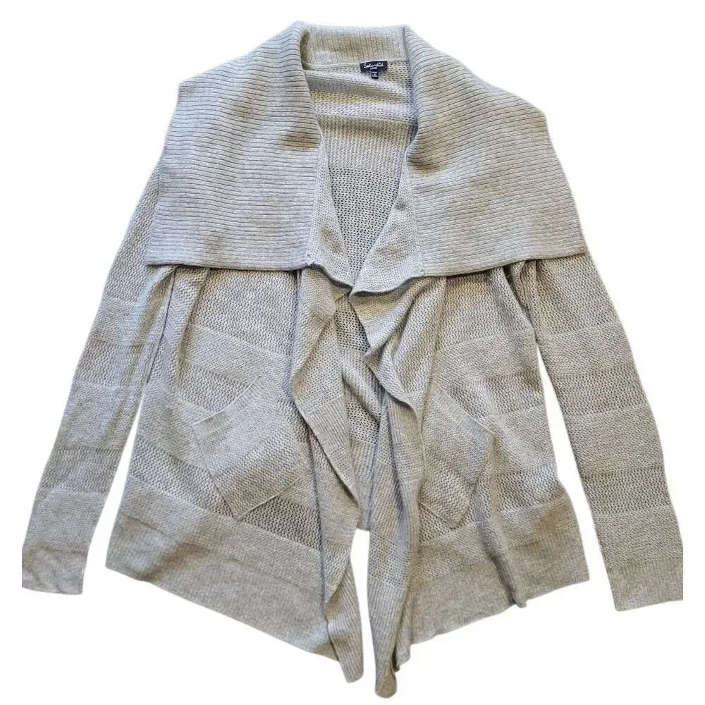 Splendid Cardigan Sweater Women's Large Grey Cashmere Drape Collar Open Stripe